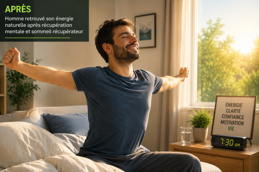 Homme retrouvé son énergie après récupération mentale et sommeil récupérateur