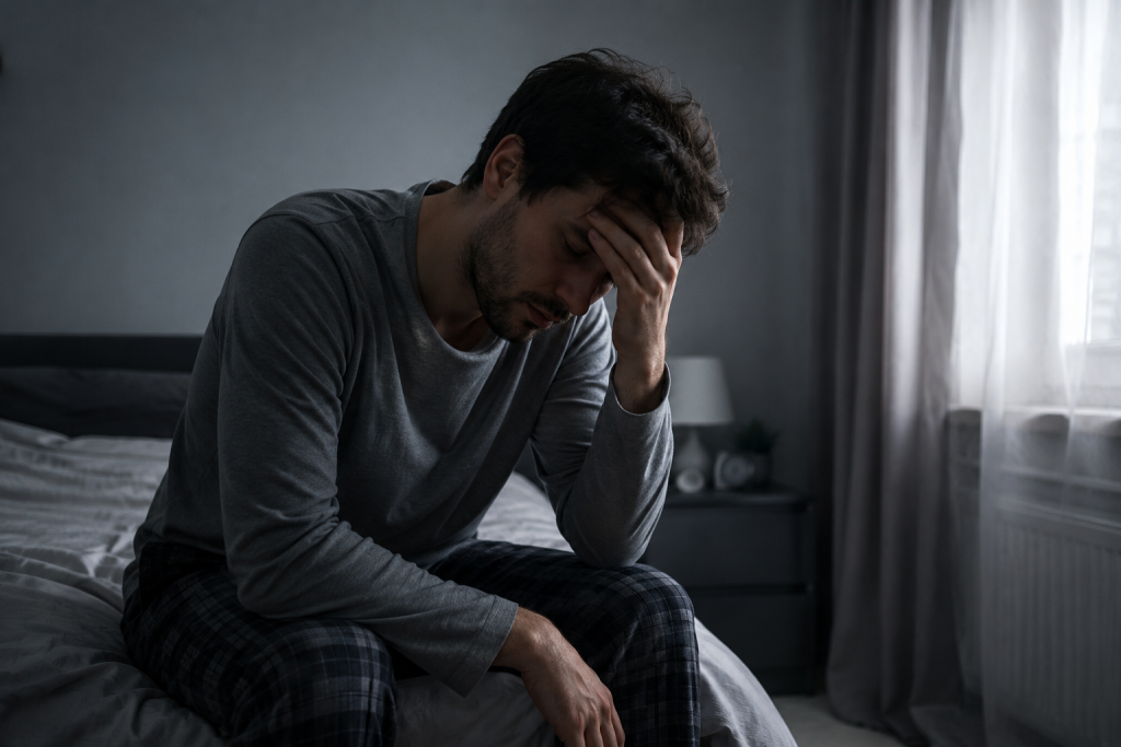 une personne assise au bord du lit, lumière grise du matin, visage fatigué, main sur le front, ambiance de surcharge mentale. fatigue même après avoir dormi