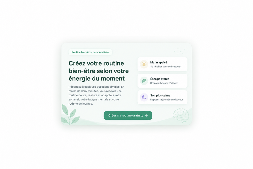 Simulateur de routine bien-être personnalisée avec interface apaisante verte, conseils pour énergie stable, sommeil réparateur et fatigue mentale,
design moderne et minimaliste centré. Routine bien être personnalisée