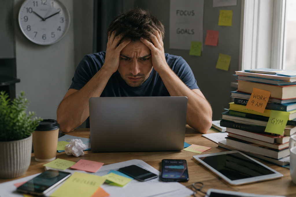 Homme fatigué et stressé devant un ordinateur, entouré de téléphones, notifications et papiers, illustrant les difficultés de concentration et la surcharge mentale dans un environnement moderne. comment amélioré sa concentration