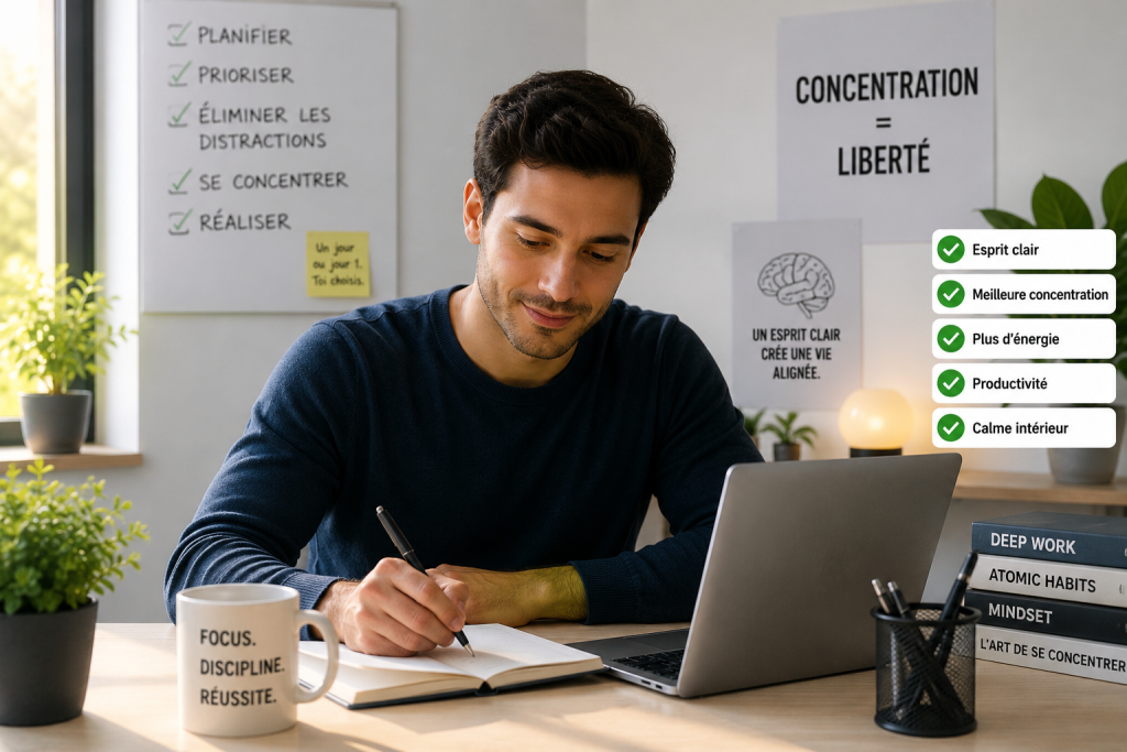 Comment améliorer sa concentration naturellement : homme calme et concentré travaillant dans un espace lumineux et organisé, illustrant un esprit clair, une meilleure concentration et une énergie mentale retrouvée.