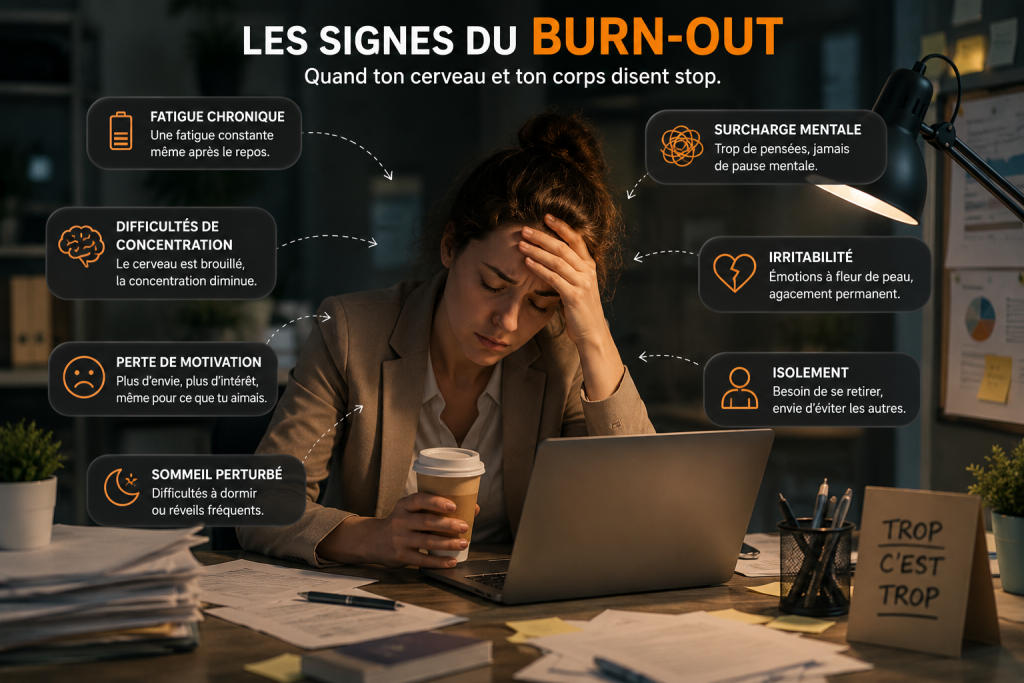 Personne épuisée au bureau illustrant les signes du burn-out