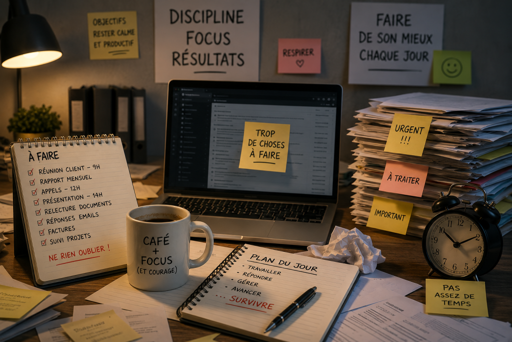 Agenda, tasse de café et ordinateur symbolisant la surcharge de travail et le stress professionnel