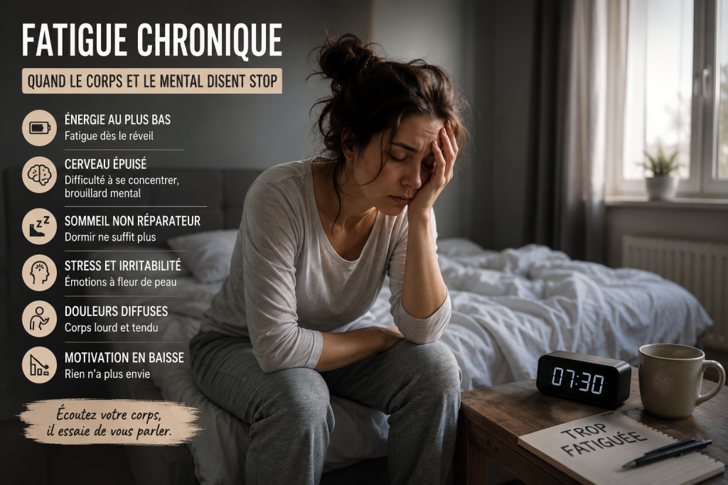 Fatigue chronique chez une personne épuisée au réveil malgré une nuit de sommeil, illustrant le manque d'énergie, le cerveau fatigué et la difficulté de récupération.