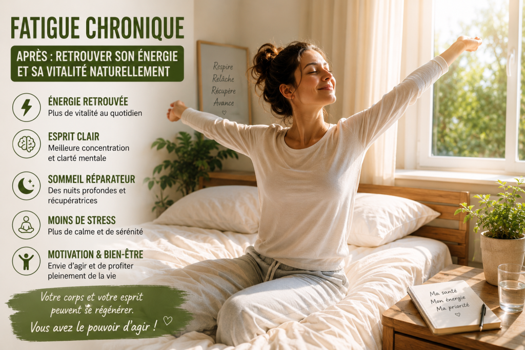 Fatigue chronique : femme rayonnante retrouvant son énergie naturelle, sa clarté mentale et son bien-être après une période d'épuisement.