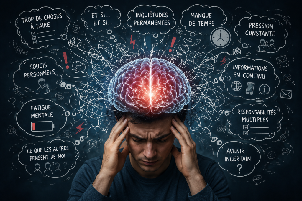 Illustration d’un cerveau surchargé avec pensées multiples.