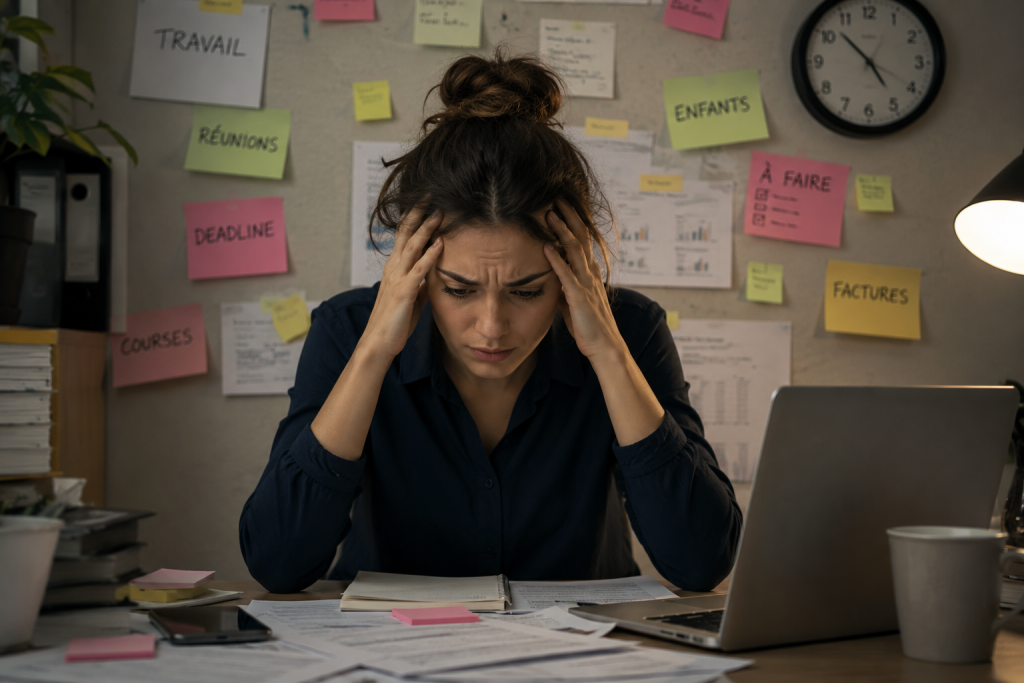 Personne fatiguée mentalement devant un écran avec sensation de surcharge mentale.