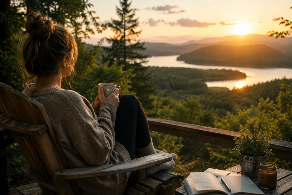Personne retrouvant le calme et l’énergie mentale dans la nature.