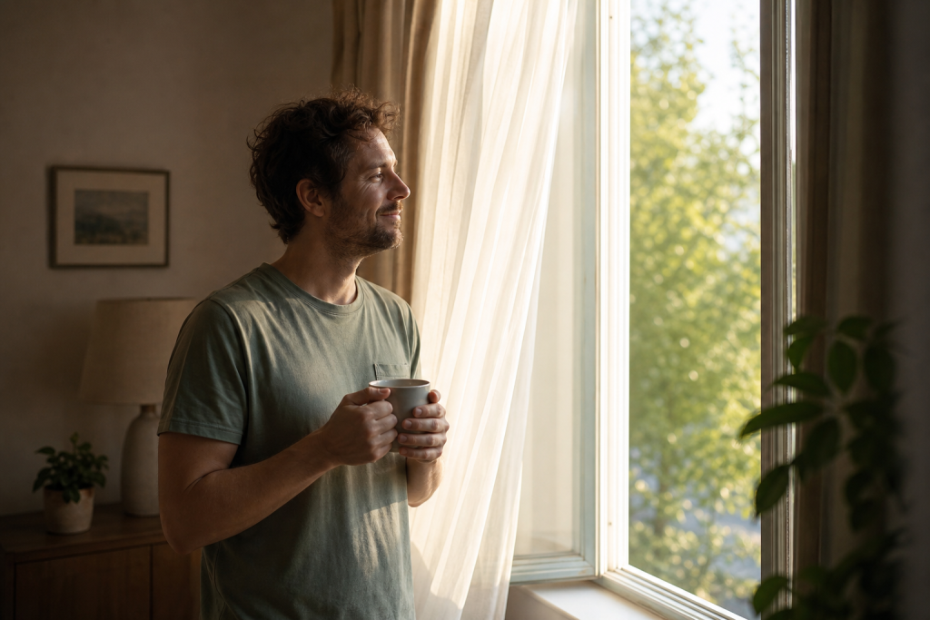 une personne près d’une fenêtre ouverte, lumière douce, tasse chaude, posture apaisée, impression de calme et d’énergie retrouvée.