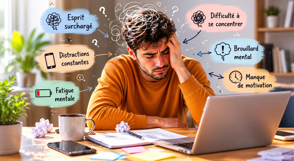 Pourquoi je n'arrive plus à me concentrer : homme souffrant de fatigue mentale, brouillard mental et manque de concentration devant son ordinateur.