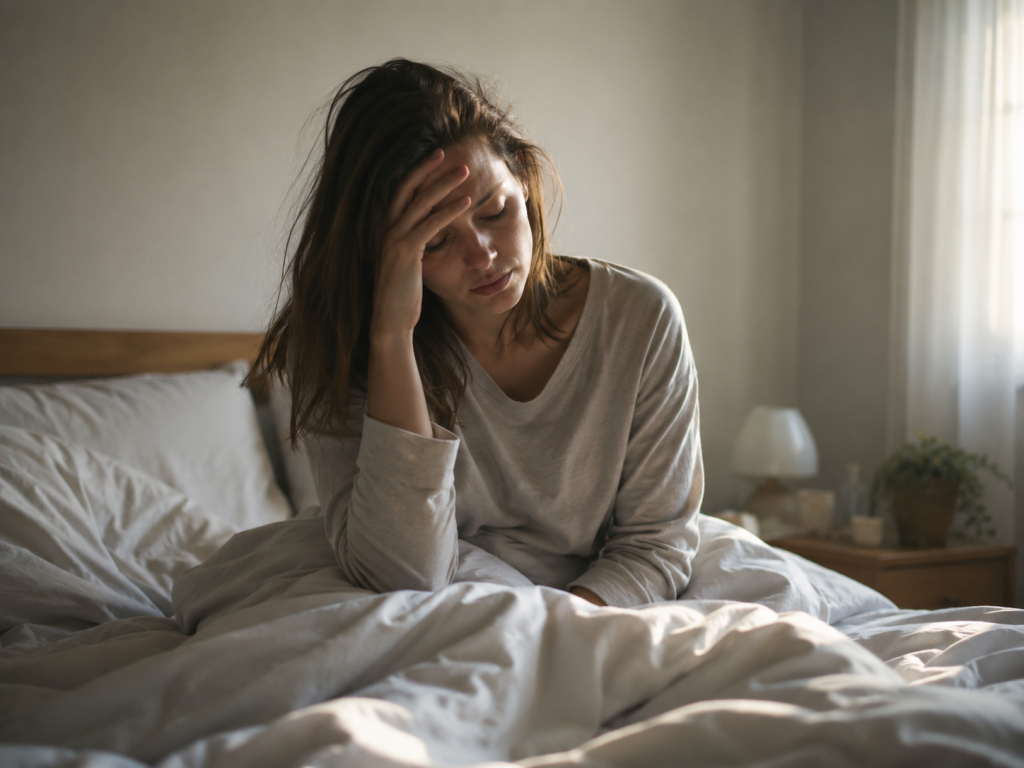 Personne fatiguée au réveil après une nuit de sommeil non réparateur liée à la fatigue mentale.