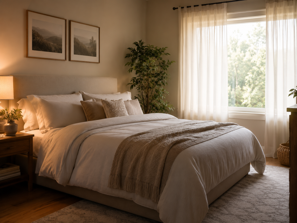 Chambre calme avec lumière douce pour favoriser un sommeil réparateur et apaiser la fatigue mentale.