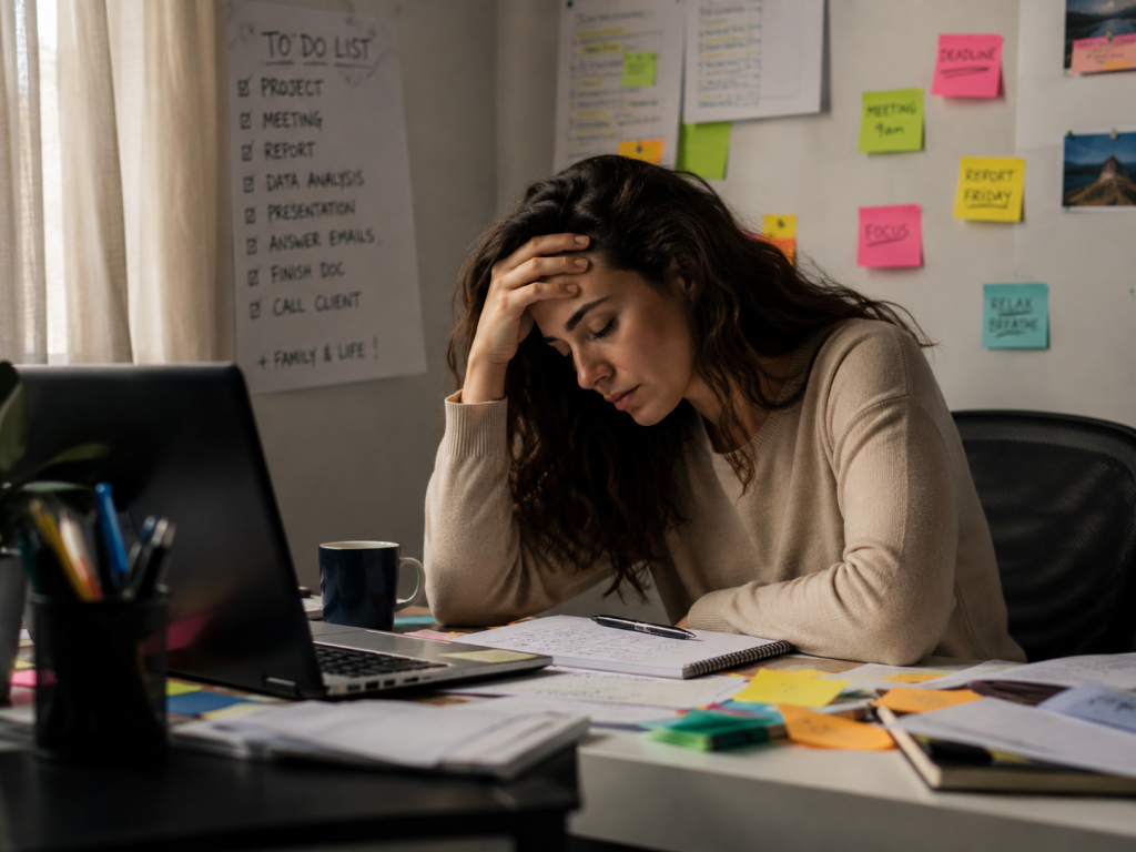 Personne fatiguée devant un ordinateur avec surcharge mentale et difficulté de concentration.