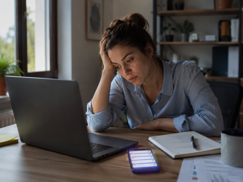 Personne distraite par son téléphone avec difficulté de concentration au travail. Téléphone et concentration