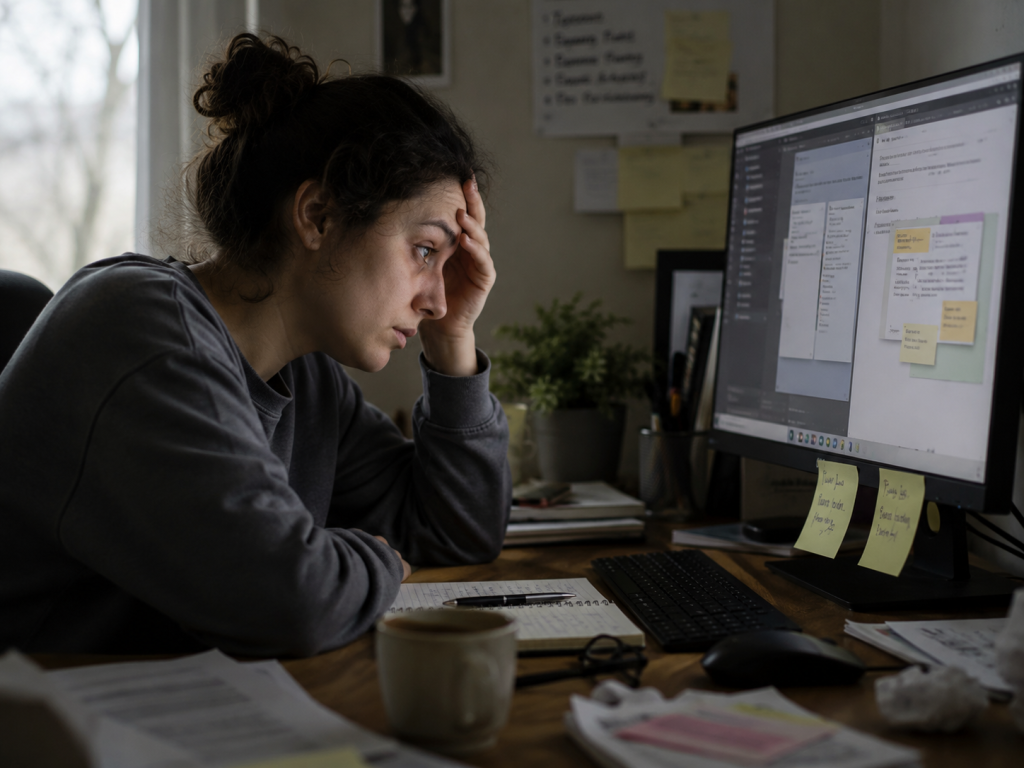 Personne fatiguée devant un ordinateur avec difficulté à se concentrer à cause de la fatigue mentale.Fatigue mentale et concentration 