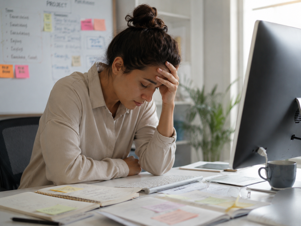 Personne fatiguée devant un ordinateur avec surcharge mentale et difficulté à se concentrer. Surcharge mentale et concentration