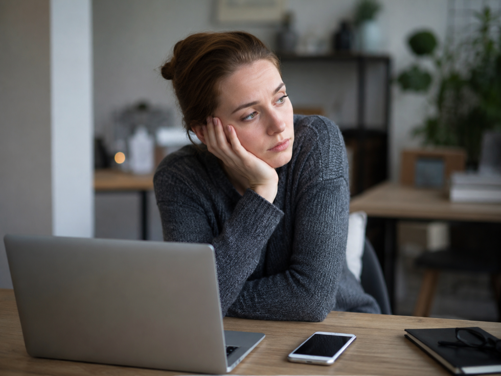 Personne devant un ordinateur avec téléphone à côté, illustrant la procrastination ou le manque de concentration.