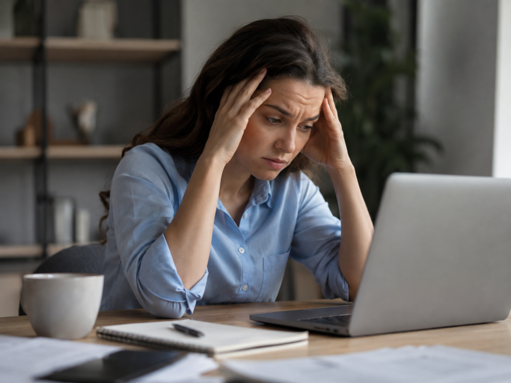 Personne stressée devant un ordinateur avec difficulté à se concentrer à cause de la pression mentale. stresse et concentration