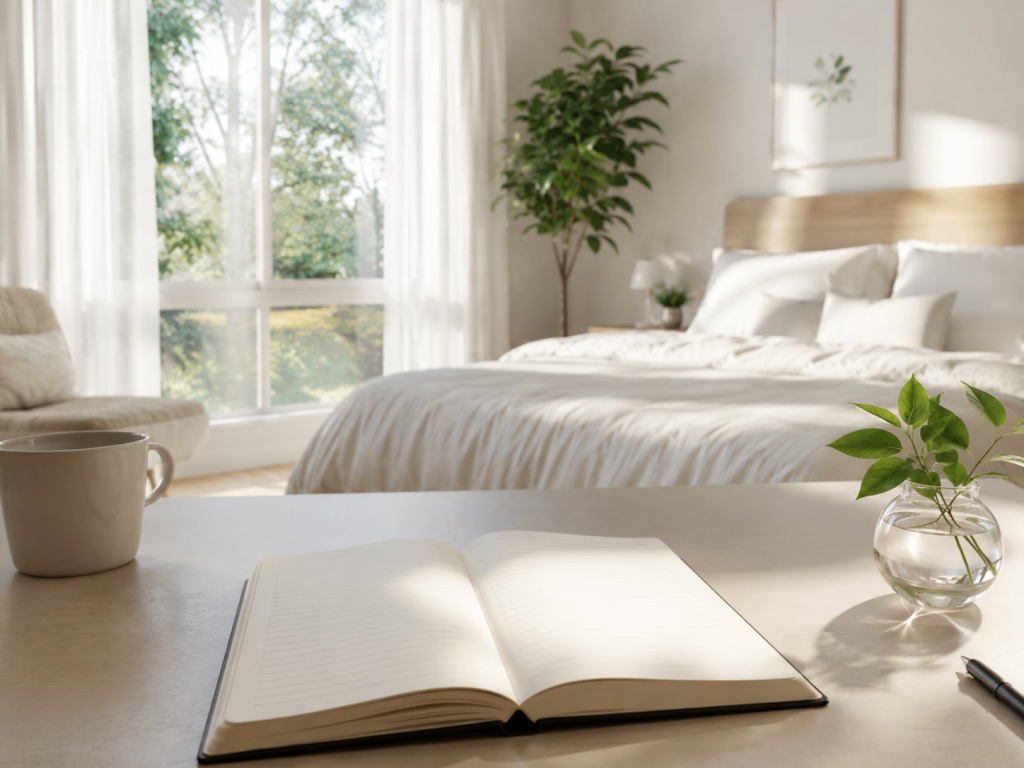Carnet ouvert dans une ambiance calme pour apaiser le stress et retrouver une meilleure concentration.
concentration favorable 