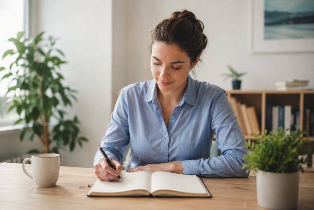 Personne assise à un bureau calme avec carnet ouvert pour améliorer sa concentration naturellement en 7 jours. Comment améliorer sa concentration naturellement