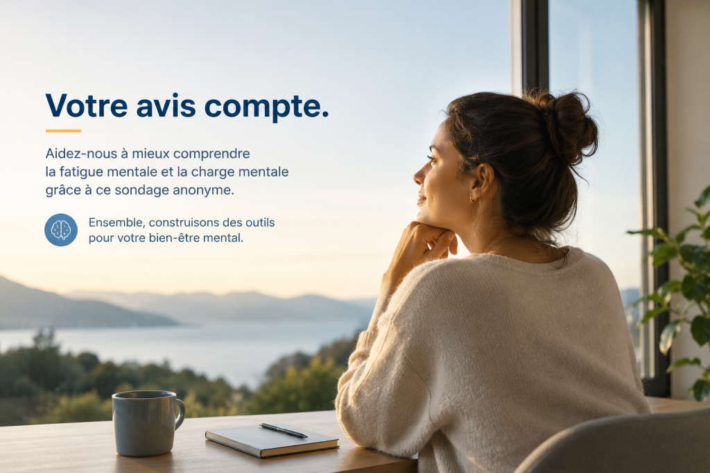 Personne réfléchissant à sa fatigue mentale et à sa charge mentale dans le cadre d'un sondage sur le bien-être cognitif.