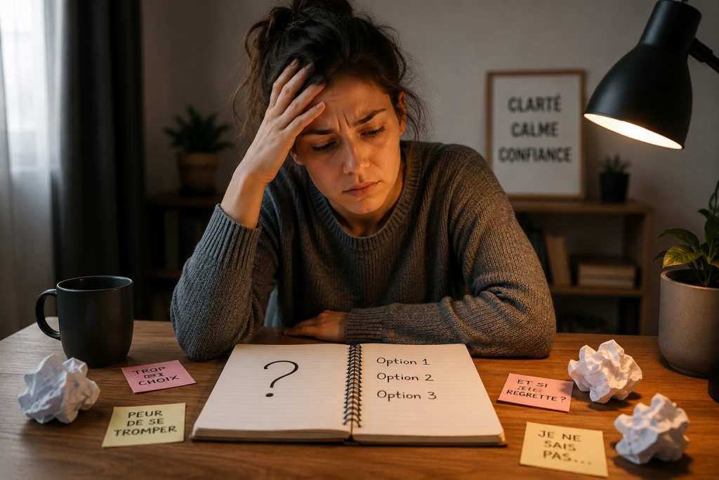 Personne assise devant un carnet ouvert, fatiguée mentalement, avec difficulté à prendre une décision claire
.Pourquoi je n’arrive plus à prendre une décision ?