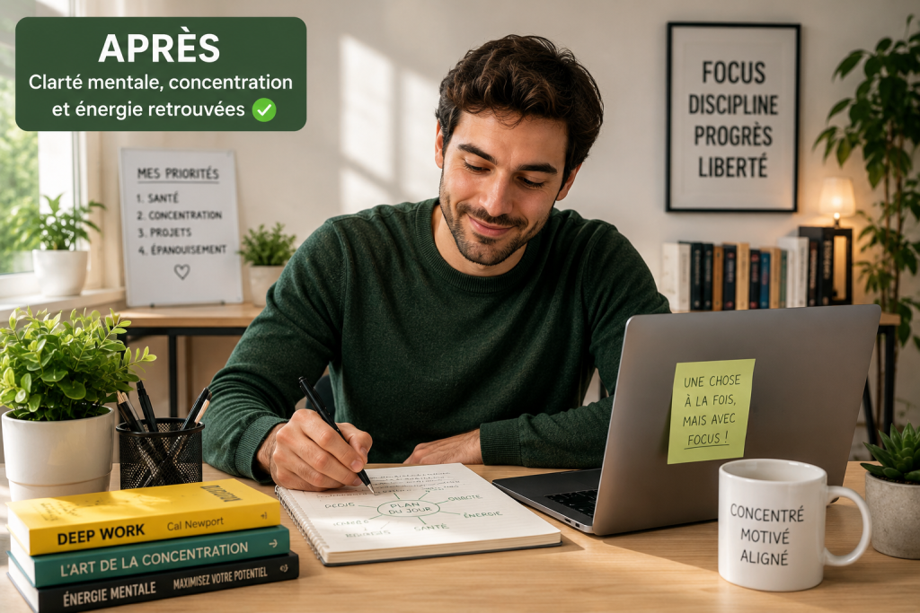 Pourquoi je n'arrive plus à me concentrer : personne retrouvant sa concentration, sa clarté mentale et son énergie grâce à une meilleure organisation et récupération mentale.