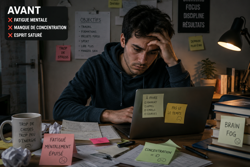 Concentration et fatigue mentale : personne souffrant de fatigue cognitive, de brouillard mental et de difficultés de concentration au travail. Concentration et fatigue mentale : quel est le lien ?