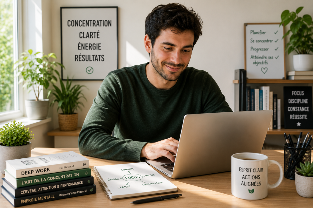 Concentration et fatigue mentale : personne retrouvant sa clarté mentale, son attention et son énergie grâce à une meilleure récupération cognitive.