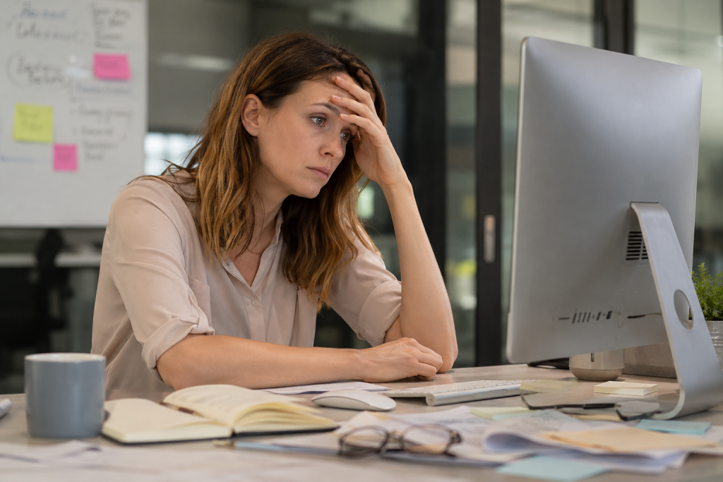 Personne fatiguée devant son ordinateur au travail avec un manque de concentration et une surcharge mentale.manque de concentration au travail