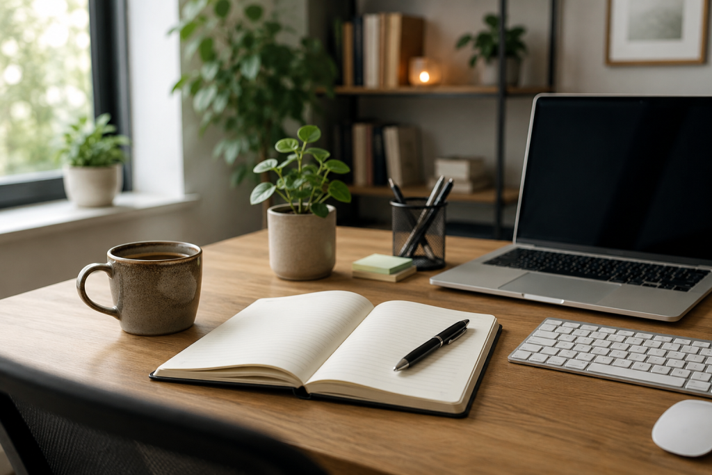 Bureau calme avec carnet, ordinateur et tasse de café pour retrouver sa concentration au travail.