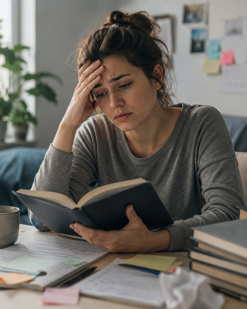 Personne lisant un livre avec fatigue mentale et difficulté à retenir ce qu’elle lit.
je lis mais je rétien rien
