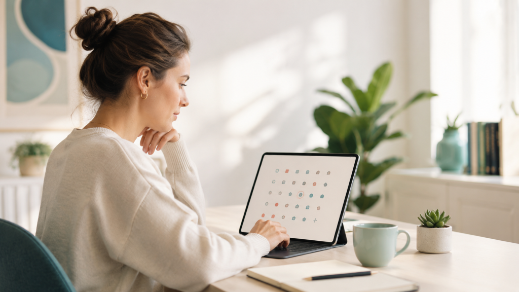 Personne calme et concentrée utilisant Défi Focus sur tablette pour améliorer son attention sélective et sa concentration