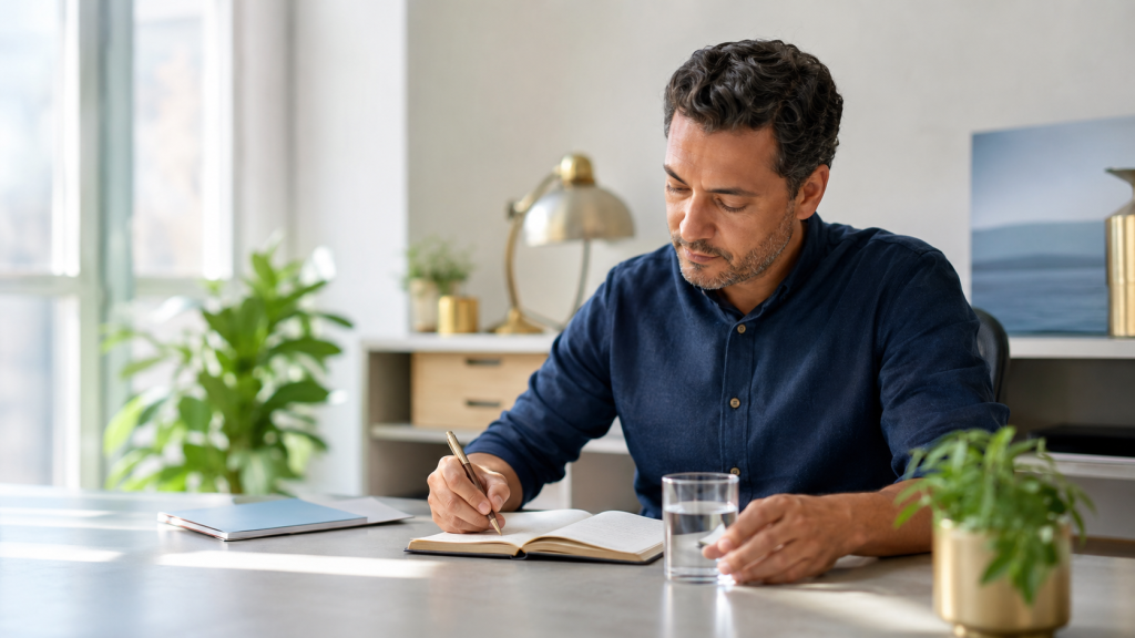 Homme concentré écrivant dans un carnet avec un verre d’eau posé sur son bureau. déshydratation et concentration