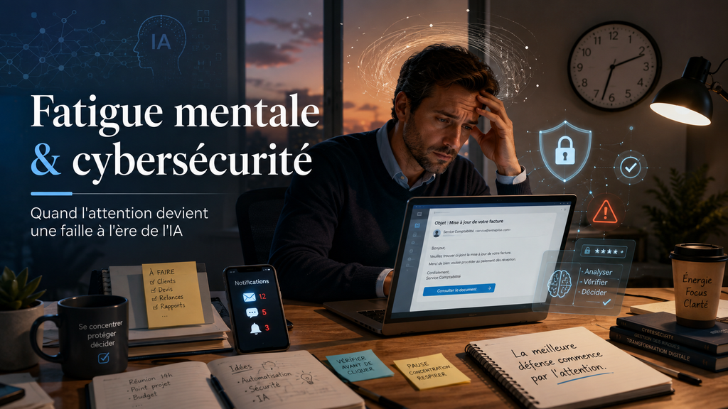 Entrepreneur fatigué face à un ordinateur, illustrant le lien entre fatigue mentale, cybersécurité et vigilance à l’ère de l’IA.
Fatigue mentale et cybersécurité