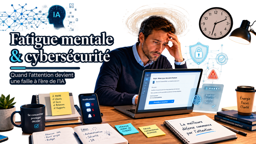 IA et prise de décision : entrepreneur vérifiant un message numérique suspect avant d’agir à l’ère de l’intelligence artificielle.