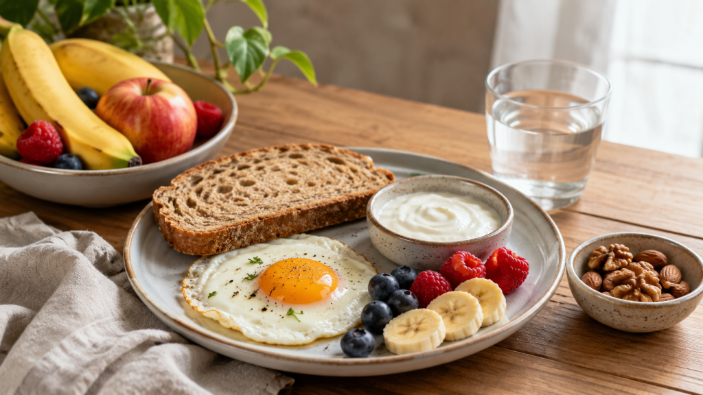 Petit-déjeuner et fatigue mentale avec pain complet, œuf, yaourt, fruits et noix