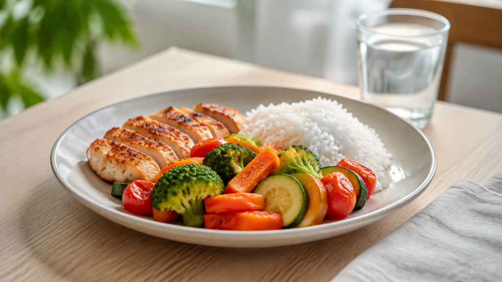 Coup de barre après le déjeuner avec un repas équilibré composé de légumes, riz et poulet grillé